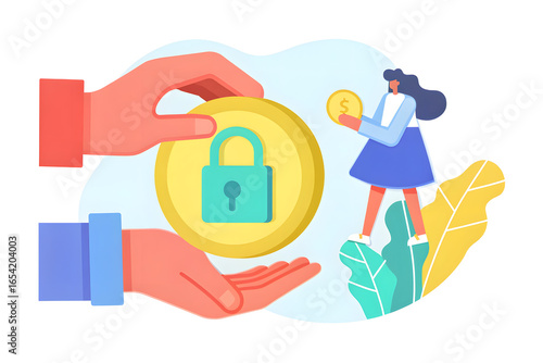 Fintech Cyber Defense A woman holds a coin while hands protect a locked coin, symbolizing financial security and savings.