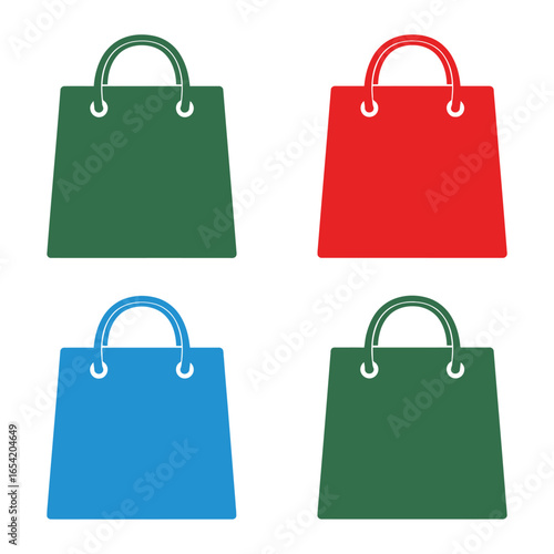 Four shopping bags in different colors green red and blue arranged in a square pattern on white background vector
