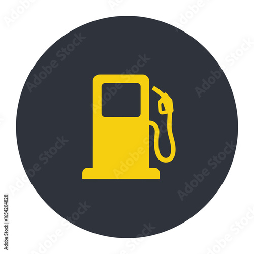 A yellow gas pump icon on a dark gray circle against a white background in a simple illustration vector