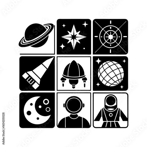 Collection of black and white space exploration icons including planet star and astronaut symbols neatly arranged