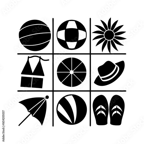 Black and white tic tac toe grid filled with summer themed icons including beach balls and swimsuits etc
