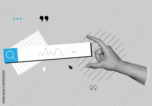 Hand points to search bar in retro halftone style, seo marketing,information search concept,trendy collage cut out elements from paper
