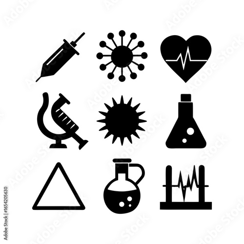 Collection of medical and scientific symbols including a syringe virus and heart rate monitor icon
