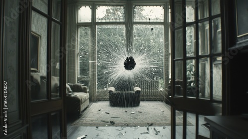 Dramatic scene of aftermath of bullet impact breaking window in an old house interior