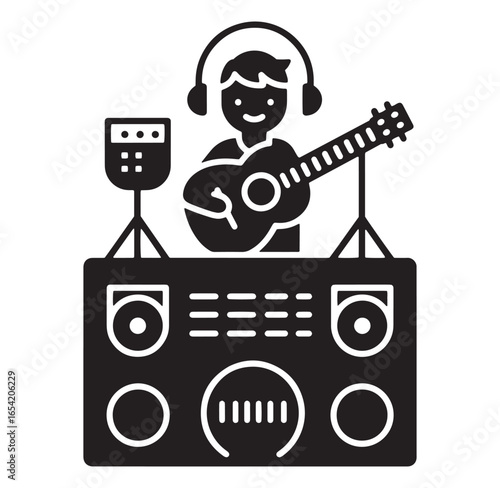 Silhouette illustration of a musician playing guitar and dj equipment on a stage