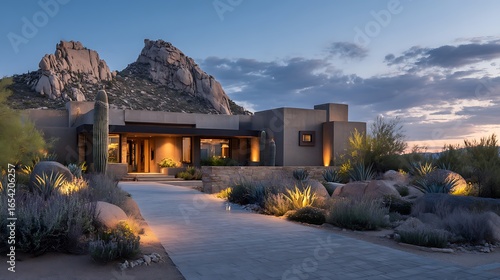 Modern architecture in harmony with desert landscape during twilight hours