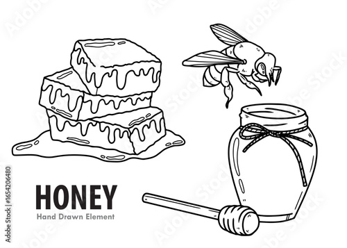 Hand drawn vector illustration of a set of honey icons, bees and a jar of honey