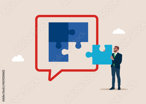 Business merger and acquisition. Teamwork and collaboration. Businessman connect jigsaw puzzles in speech bubble. Discussion, conversation, meeting, team communication. Flat vector illustration