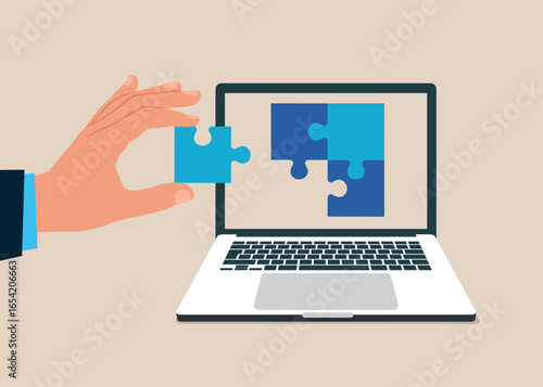 Business merger and acquisition. Teamwork and collaboration. Connect jigsaw puzzles on screen laptop. Flat vector illustration