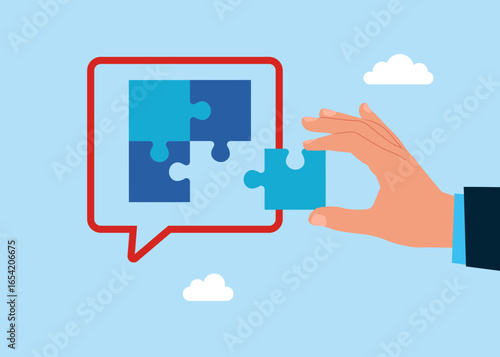 Business merger and acquisition. Teamwork and collaboration. Connect jigsaw puzzles in speech bubble. Discussion, conversation, meeting, team communication. Flat vector illustration