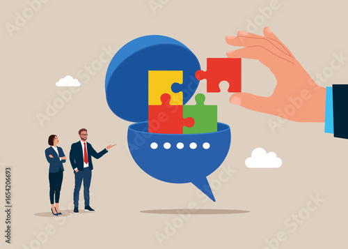 Business people connect jigsaw puzzles in speech bubble. Business merger and acquisition. Teamwork and collaboration. Discussion, conversation, meeting, team communication. Flat vector illustration