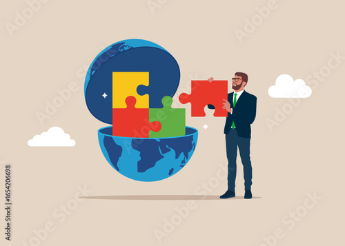 Business merger and acquisition. Teamwork and collaboration. Hand open globe to see businessman connect jigsaw puzzles. Flat vector illustration