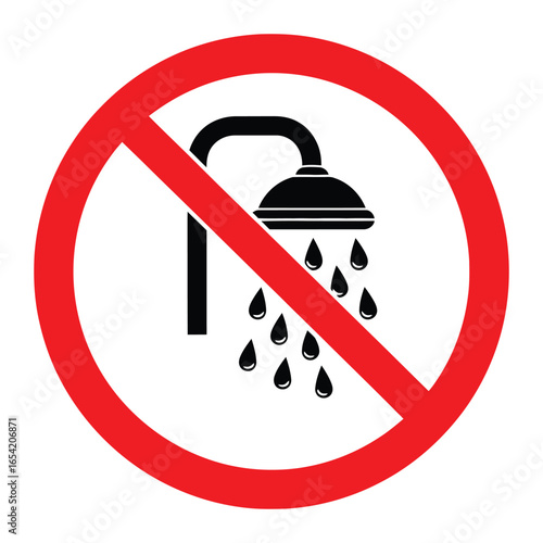 A circular sign with a red border and a black shower head crossed out indicating no showering allowed vector