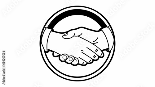 Illustration of a handshake inside a double lined circle with a thick black top portion design element 