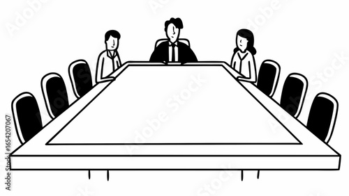 Illustration of people sitting around a large conference table in a business meeting room style drawing "svg"