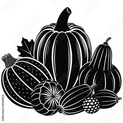 Black and white illustration of assorted gourds and squash pumpkin autumn
