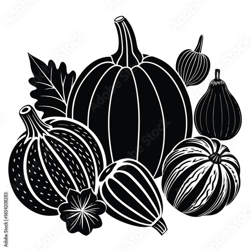 Black and white illustration of assorted gourds and leaves squash pumpkin