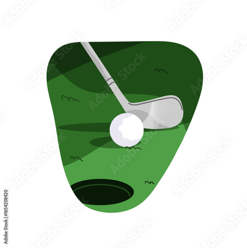 Putting of ball with club in hole on course. Hitting golfball with putter on green grass. Shooting with golf sticks on lawn. Sports game, play. Flat isolated vector illustration on white background.