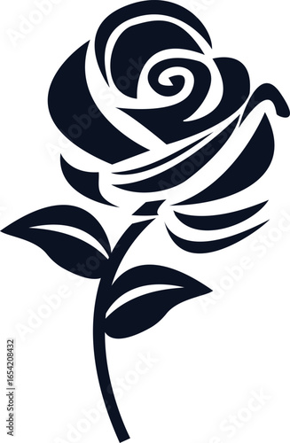 Dark blue stylized rose with leaves on white flower