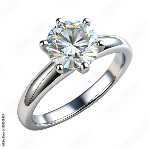 A beautiful diamond engagement ring with a brilliant cut stone, set in a polished silver band, isolated on a transparent background
