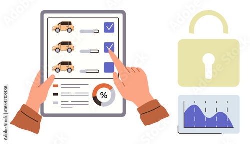 Hands interact with car rental options on a tablet, checking availability. Beside it, a secure lock icon and performance chart highlight themes of security, analytics, and progress. Ideal for car