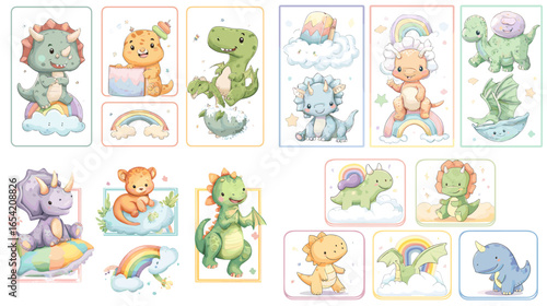 Adorable cartoon baby dinosaur illustrations with pastel colors, rainbows, and clouds. Perfect for kids, nursery decor, stickers, and playful design projects.