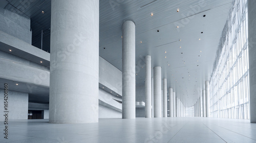 A vast modern concrete hall with towering columns and luminous windows, featuring minimalist architectural design.