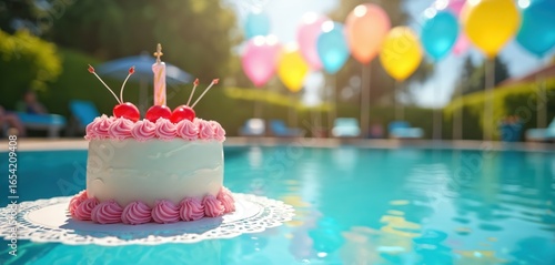 Delightful birthday cake with pink frosting and cherries sits on white doily by bright blue swimming pool. Colorful balloons float in background, suggesting festive outdoor summer party celebration.