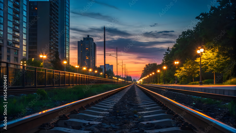 Fototapeta premium Evening light on tram rail lines with glowing reflections