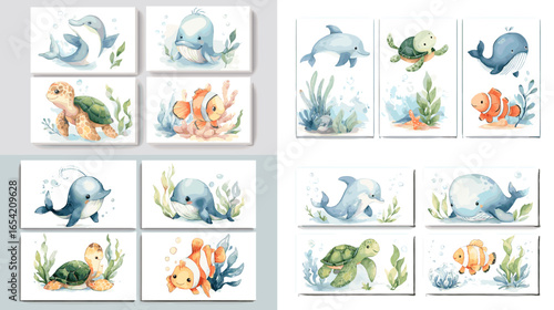 Watercolor illustration of sea animals including dolphin, whale, turtle, and clownfish with coral and plants, marine life art for kids and creative projects.