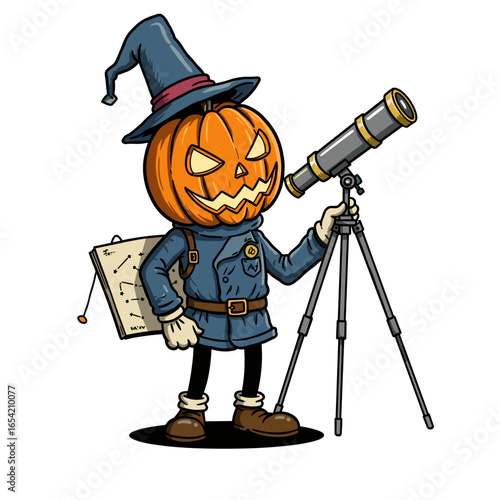 Pumpkin-headed astronomer using telescope for stargazing  