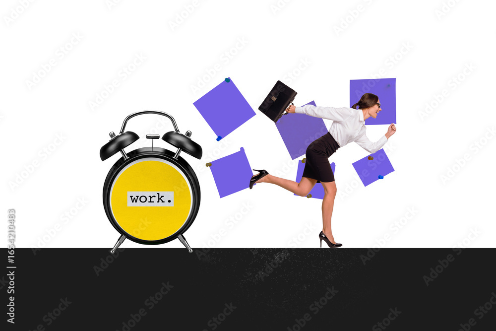 Obraz premium Trend artwork composite image 3D photo collage of young multitask office lady wake up run for work overloaded burnout have many tasks