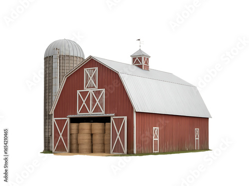 Red barn with silo and hay bales isolated on transparent background