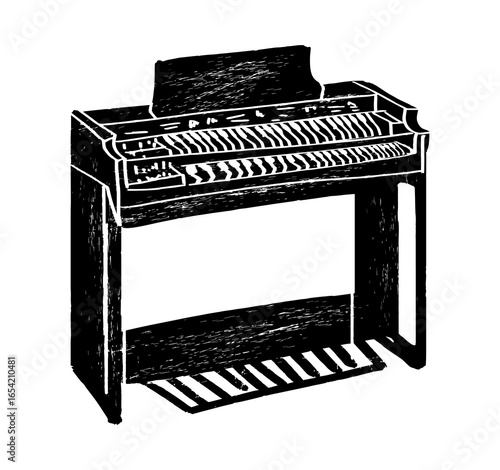 Electric organ, electronic organ. Music festival poster. Keyboard musical instruments. Competition. A set of vector illustrations. Minimalistic design. Banner, flyer, cover, print.	