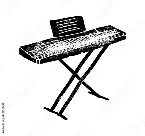 Electric piano, electronic piano, digital piano. Music festival poster. Keyboard musical instruments. Competition. A set of vector illustrations. Minimalistic design. Banner, flyer, cover, print.	