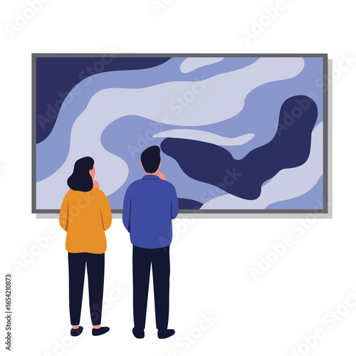 Two individuals observing a large abstract artwork with flowing blue and grey patterns.