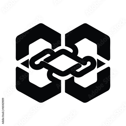 Black and white illustration of two interlocked chains with hexagonal shapes