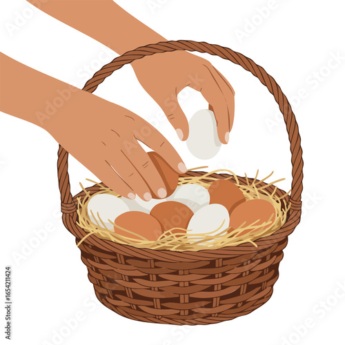 Hands carefully placing fresh brown and white eggs into a rustic woven wicker basket with straw.