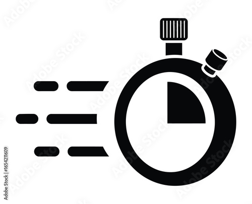 A black and white graphic of a stopwatch with motion lines indicating speed and rapid time passage vector
