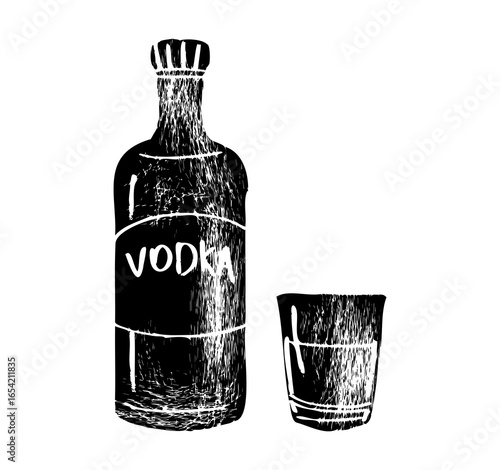 Russian vodka. Bottle, shot. Sketch illustration converted to vector