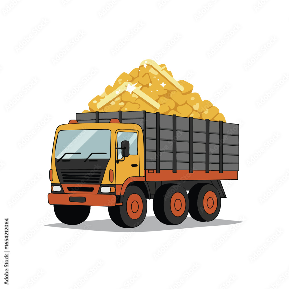 Naklejka premium Orange Cargo Truck Overflowing with Gold Bars.