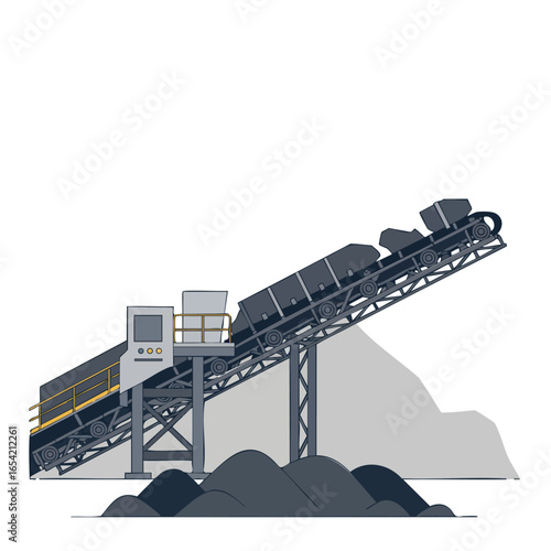 Industrial Conveyor Belt System with Crushing and Sorting Machinery Illustration.