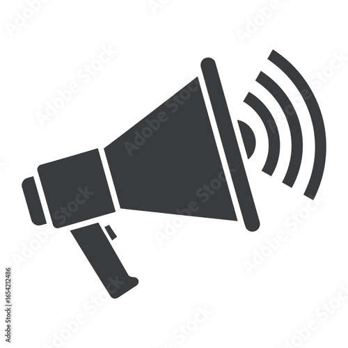 A simple dark gray megaphone icon with sound waves emanating from it on a white background space vector