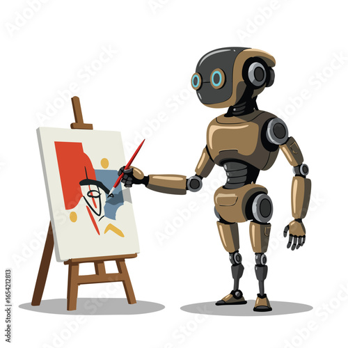 Artistic Robot Painting Abstract Art on Canvas with Paintbrush and Easel.