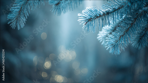 Snow-covered spruce branches in a winter forest, evoking a magical Christmas atmosphere.