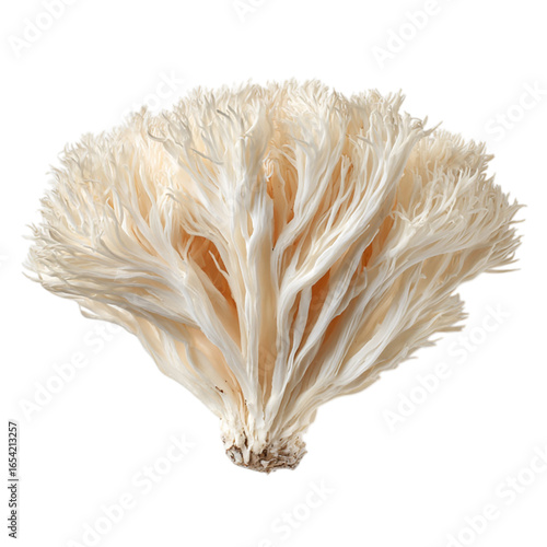 White lions mane mushroom with long fronds cutout on transparent background