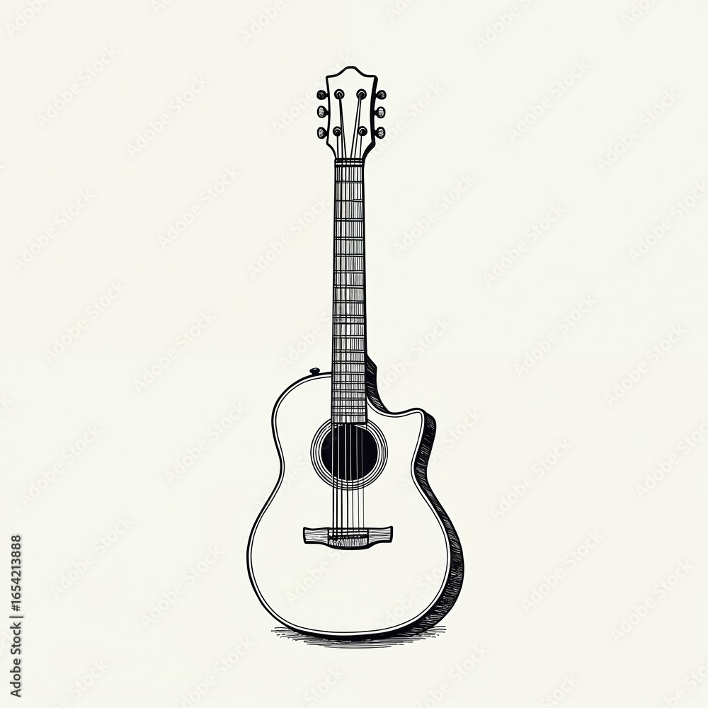 Naklejka premium Minimalist one-line art design of acoustic guitar, presented on clean white background. Sleek, fluid, elegant illustration uses continuous linear strokes to create stylish, refined musical instrument.