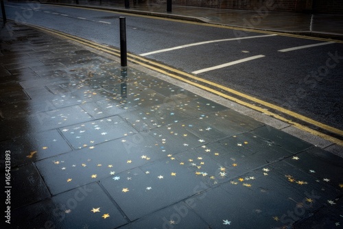 Fototapeta Naklejka Na Ścianę i Meble -  Wet city street pavement reflecting the sky