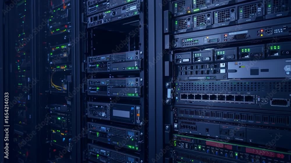 Close-up view of a server rack filled with network equipment and glowing lights. Close-up view of a server rack filled with network equipment and glowing lights.