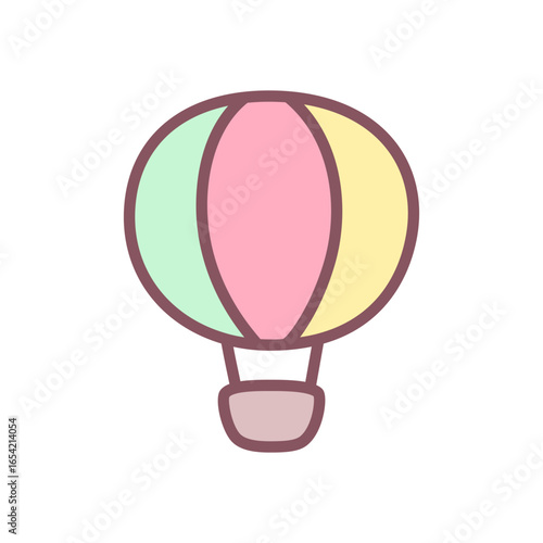 Cute hot air balloon icon. Hand drawn illustration of pastel colored aerostat isolated on white background. Kawaii sticker. Vector 10 EPS.